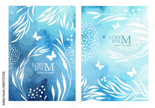 Delicate blue watercolor background with flowers and butterflies . hand drawn. Not AI, Vector illustration