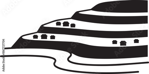 Agricultural terraces with houses on a mountain side vector silhouette landscape illustration rural area