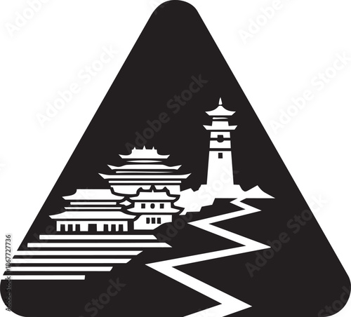 Asian pagoda and temple complex silhouette within triangle, with zigzag path, vector art