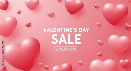 Valentines day sale promotion with heartshaped balloons and a podium, offering a 50 discount on a pink and purple background