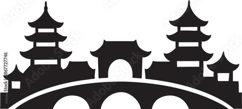 Asian pagoda temple silhouette with traditional bridge and gate for oriental landscape designs