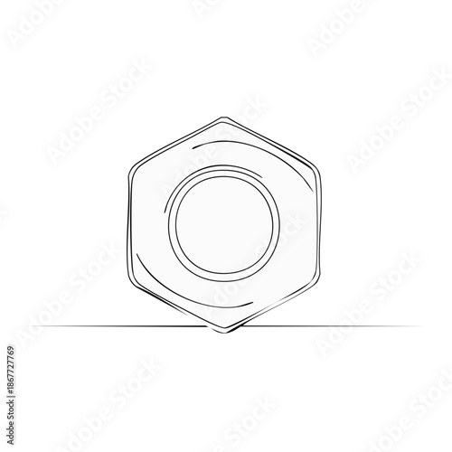 Hand-drawn Hex Nut Illustration: Black Sketch of Fastener Tool Component on Horizontal Line