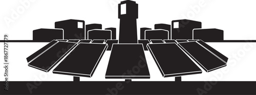 City center with plaza and tower silhouette