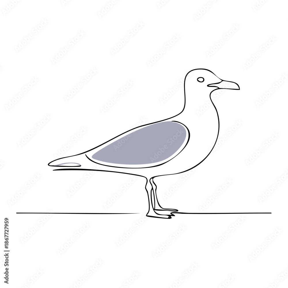 Obraz premium Seagull standing single continuous line illustration bird minimal wildlife drawing black outline vector artwork shore seabird standing