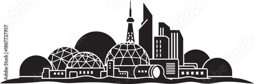 Futuristic city skyline with modern skyscrapers domes communication tower and industrial buildings