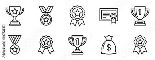Black line icon set representing awards, achievements, trophies, medals, certificates, and recognition symbols