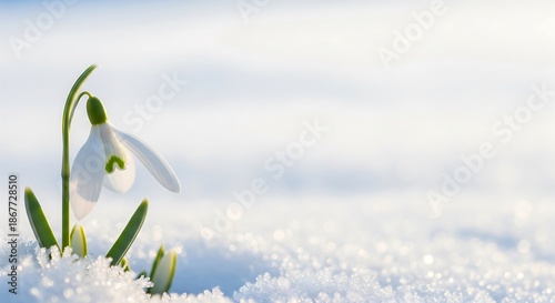 Single white snowdrop flower emerging through melting snow in soft morning light