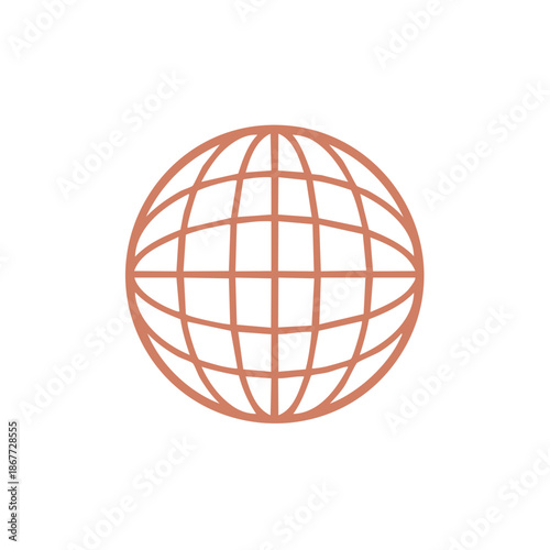 Simple Globe Outline Illustration Terra Cotta Color Earth Sphere with Meridian Lines