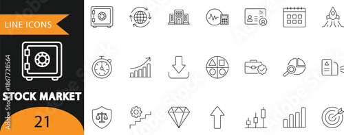 A clean vector set of 21 stock market line icons featuring investment growth, trading charts, portfolios, risk management, and financial analysis symbols. Ideal for finance presentations, market repor