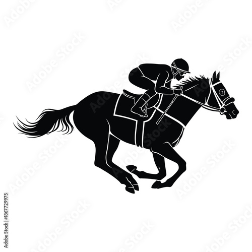 Horse racing silhouette with jockey on white background
