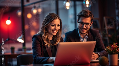 Smiling businesswoman and coworker working over laptop at creative office