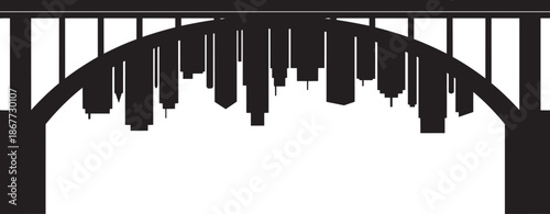 Silhouette of modern city skyline visible through large bridge arch structure in black