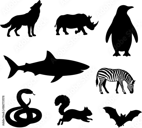 Collection of eight distinct black animal silhouettes including a howling wolf, shark, zebra, penguin, rhinoceros, squirrel, snake, and flying bat.