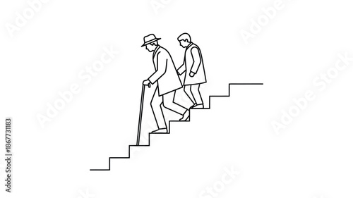Two figures one assisting the other slowly ascend a set of stark linear stairs