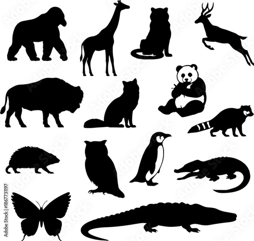 Collection of diverse black silhouette icons representing various animals including a gorilla, giraffe, deer, and various mammals and reptiles.
