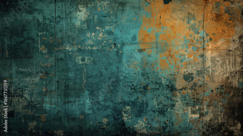 Grunge texture abstract background distressed wall peeling paint turquoise color orange splash rustic surface vintage style urban decay weathered metal grunge texture abstract background