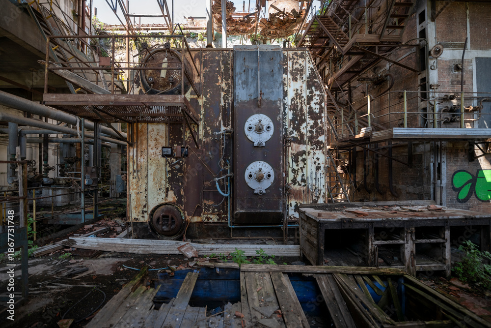 Fototapeta premium Vintage machinery inside an abandoned sugar refinery in Italy. Rusted equipment and industrial decay in a defunct factory hall