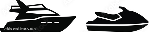 Luxury yacht and jet ski boat silhouette icon vector