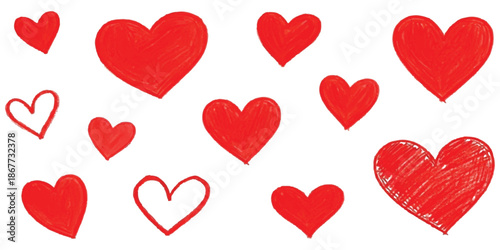 A collection of hand-drawn red hearts scattered on a white background isolated on white background