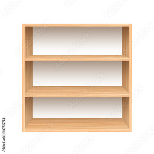Realistic wooden shelving with natural texture isolated on white background for interior mockup, storage, product display. Vector illustration