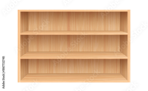 Realistic wooden shelving with natural texture isolated on white background for interior mockup, storage, product display. Vector illustration