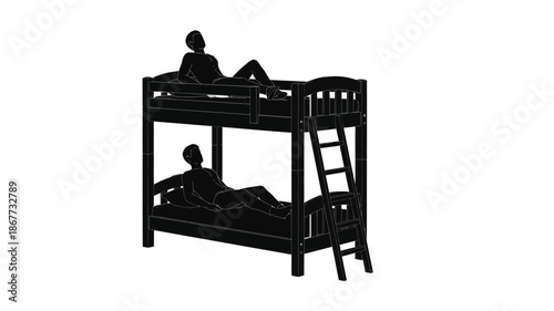 Silhouetted illustration of a wooden bunk bed with two figures one on each level