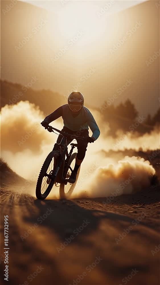 Mountain Biker Kicking Up Dust At Sunset Background Vertical Adventure Mountain Biker Kicking Up Dust At Sunset Background Vertical Adventure