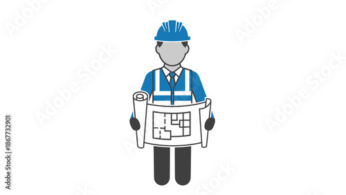 Construction worker holding blueprint plans for building project.