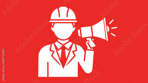 Construction worker with megaphone announcing important news.