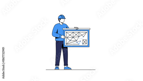 Man in blue shirt and cap presenting a complex diagram on a whiteboard.