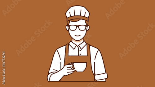 A smiling barista wearing glasses and an apron holding a coffee cup.