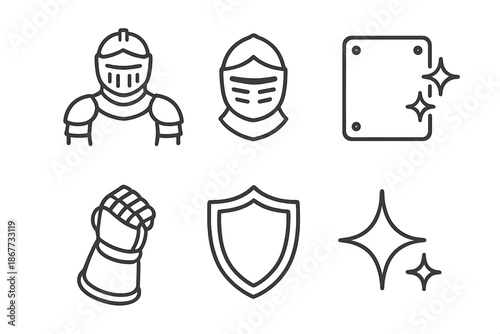 Minimalist Armor Knight Icons. Line style icons of Armor Knight Steel: armor silhouette, knight helm, steel plate, gauntlet arc,
