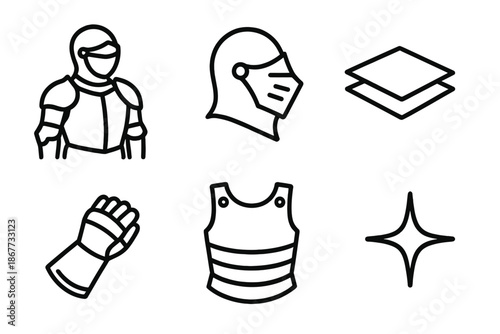 Armored Steel Icons. Line style icons of Armored Steel Scene: full armor outline, helm slope, steel layer, gauntlet sweep, torso