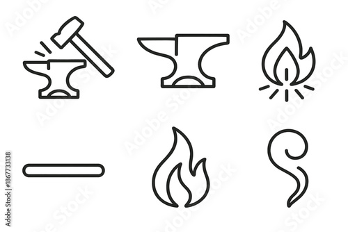 Metalwork Icon Design. Line style icons of Anvilstrike Metal: striking hammer, centered anvil, bright ember, iron line, fire lick,