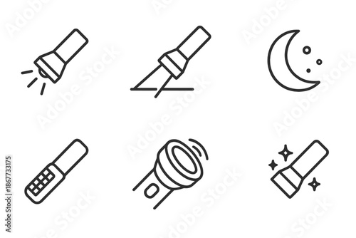 Beamdark Flash Icons. Line style icons of Beamdark Flash: flashlight arc, cutting beam, dim space, grip detail, lens motion, mild