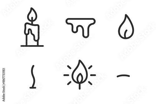 Candle Melting Icons. Line style icons of Candle Melt Glow: candle profile, wax drip, flicker flame, wick stroke, glow mark, mild