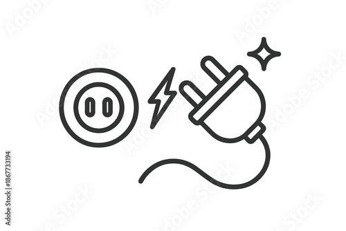 Charge Socket Icons. Line style icons of Charge Socket Pair: plug angle, socket ports, spark flick, cord line, prong curve, gentle