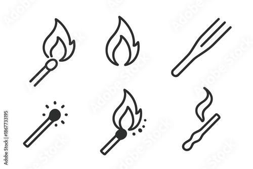 Line Style Ignite Icons. Line style icons of Ignite Stick Flame: match form, flare flame, ignition streak, wooden line, ember hint