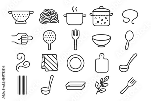 Italian Pasta Cooking Icons. Line style icons of Italian Pasta Cooking: colander, cooked pasta, pot, boiling water, hand grip,