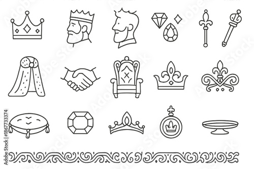 Monarchy Essential Icons. Line style icons of Monarchy Essentials: crown, king’s head, golden jewels, scepter, royal robe, hand
