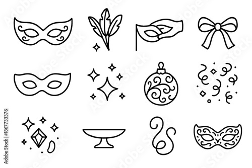 Masquerade Icon Set. Line style icons of Mask Mystery Ball: masquerade mask, decorative feathers, hand hold, ribbon tie, ballroom