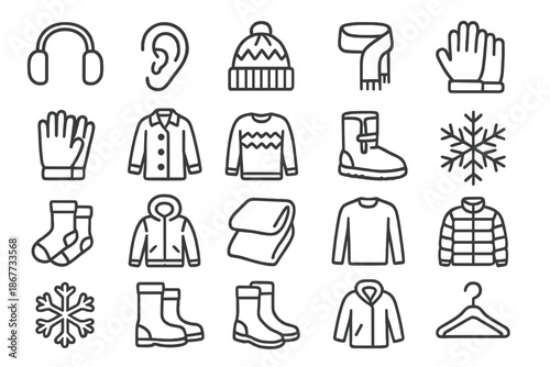 Winter Gear Icons. Line style icons of winter warmth gear: Earmuff, Ear, Winter, Hat, Beanie, Scarf, Gloves, Coat, Sweater, Boots,