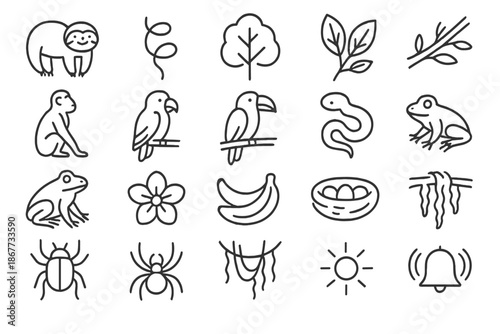 Tropical Wildlife Icons. Line style icons of tropical wildlife: Sloth, Vine, Tree, Leaves, Branch, Monkey, Parrot, Toucan, Snake,