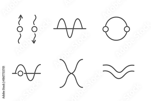 Quantum State Icons. Line vector icons of correlated quantum states: mirrored particles, symmetric wave pattern, shared ring,