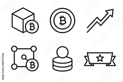Blockchain Rewards Icons. Line vector icons of blockchain rewards: block token, reward ring, yield arrow, network path, staked