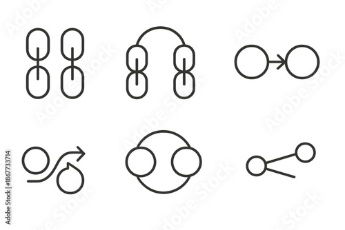 Cross-Chain Vector Icons. Line vector icons of cross-chain connection: dual chains, connection arc, swap arrow, flow stripe,