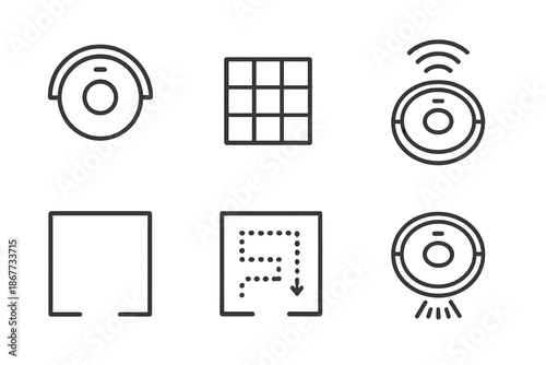 Autonomous Floor Mapping Icons. Line vector icons of autonomous floor mapping: vacuum disc, grid mesh, navigation arc, sensing