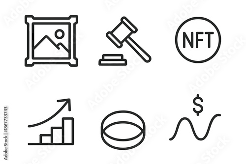 NFT Auction Icons. Line vector icons of NFT auction platform: artwork frame, auction hammer line, token ring, upward bid arrow,