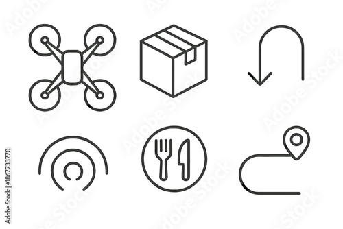 Drone Food Delivery Icons. Line vector icons of drone food delivery: quadcopter outline, delivery box, downward drop arc,