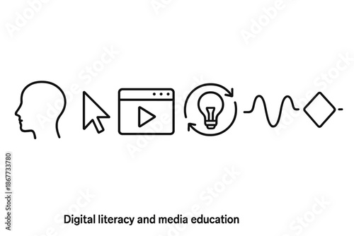 Digital Literacy Icons. Line vector icons of digital literacy and media education: human profile, cursor arrow, media window frame